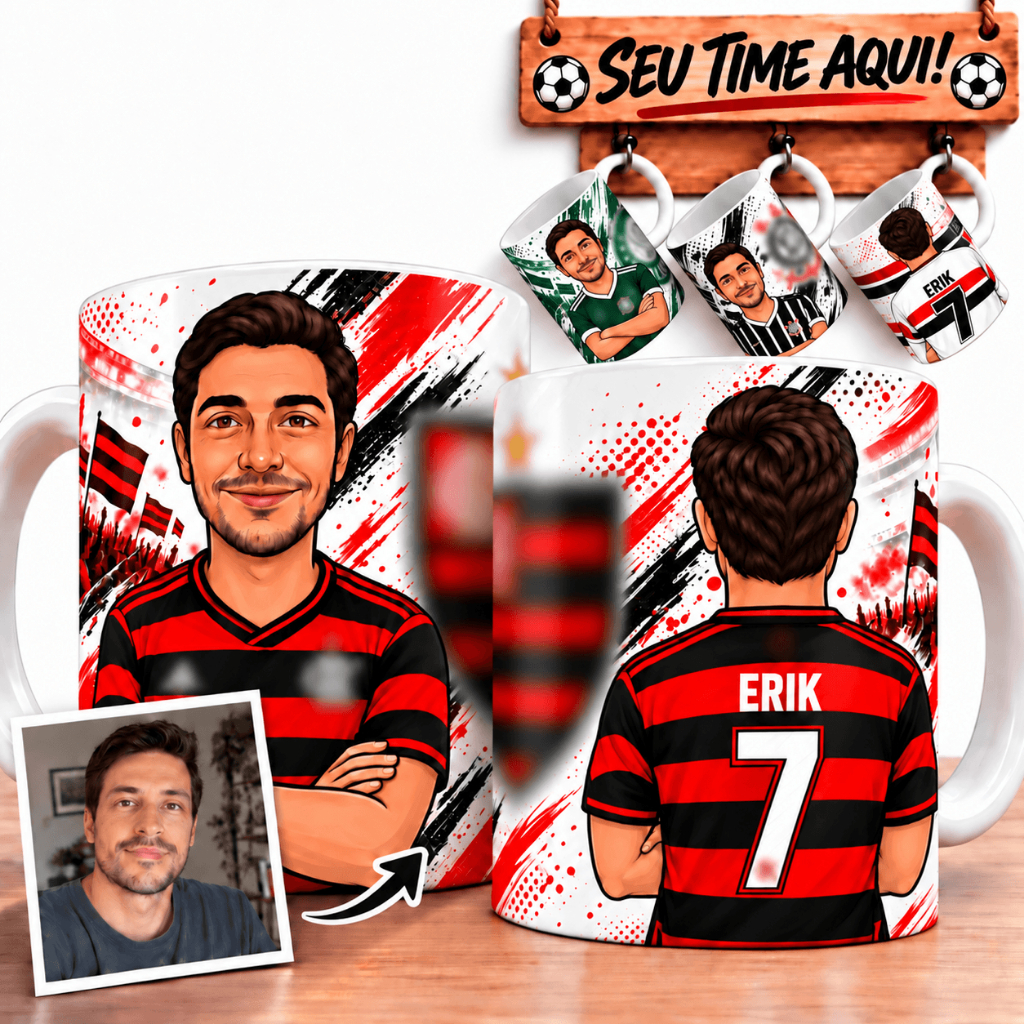 Caneca Personalizada com Caricatura e Camisa do Seu Time Nome e Número presente criativo