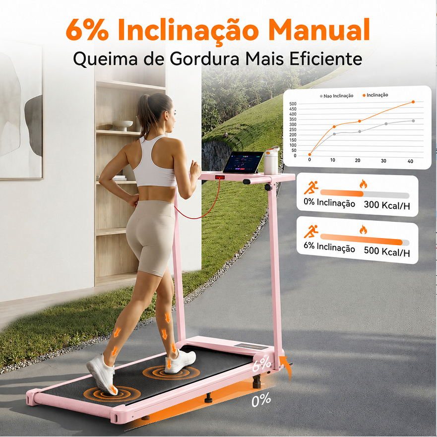Esteira Elétrica QBuen Dobrável 2.0HP, Inclinação Manual 6%, Velocidade 1-12km/h, Suporte Tablet, 150kg, Rosa — imagem 2 de 2