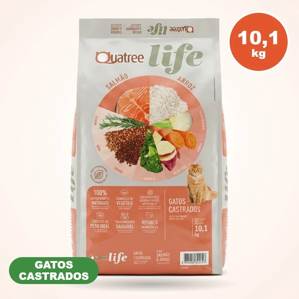 Ração Quatree Life Gatos Castrados Salmão e Arroz 10,1kg Premium Especial Natural Controle de Peso Saúde Urinária