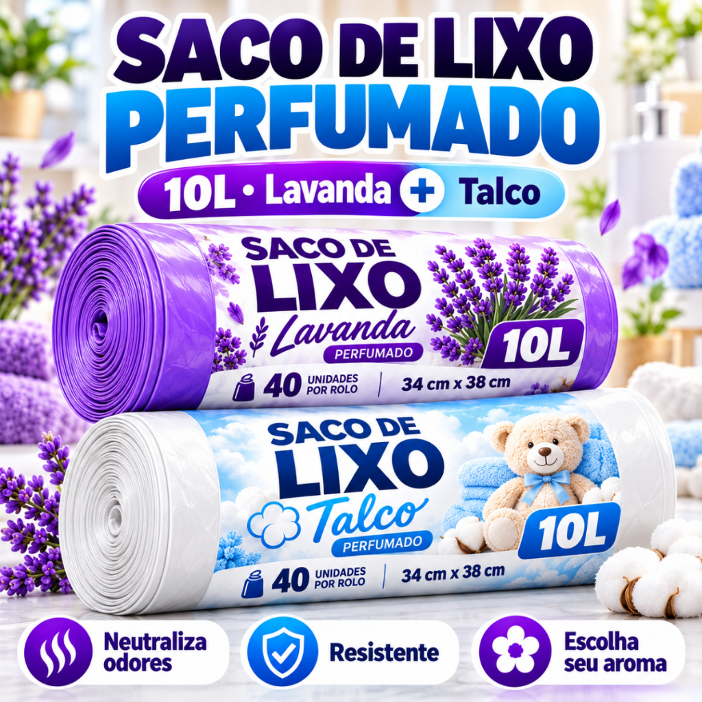 Saco de Lixo Perfumado 10L Aroma Lavanda Talco Pia Banheiro Cheiroso Anti Odores Mau Cheiro