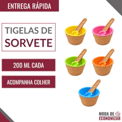 Kit Tigelas de Sorvete e Açaí 200ml com Colher em Plástico Sobremesa Festa Infantil Colorido