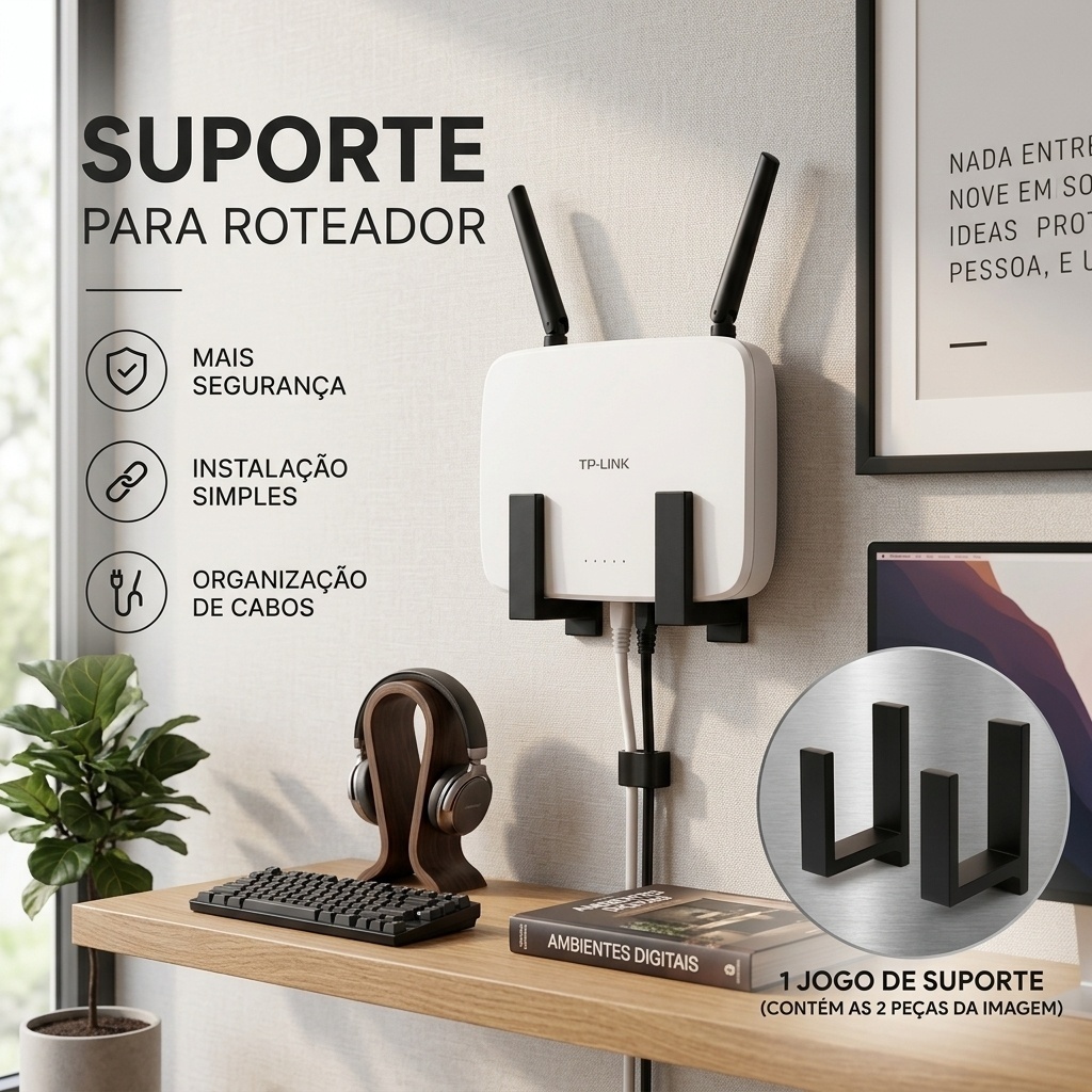 Suporte Para Roteador Modem Parede Sem Furar Fita Dupla Face Organizador Wi-Fi Internet Preto Branco Kit 2 Peças
