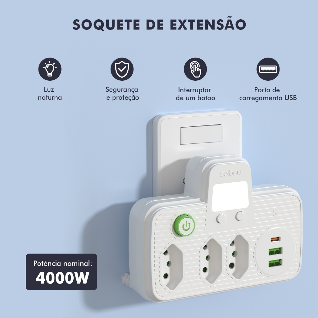 Adaptador de Tomada Extensão 4000W Bivolt 3 Tomadas + 2 USB + 1 Type-C Luz Noturna