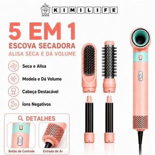 Escova Secadora 5 em 1, Alisa Seca e Dá Volume, Cabeça Destacável, Íons Negativos, Presente para Mulheres