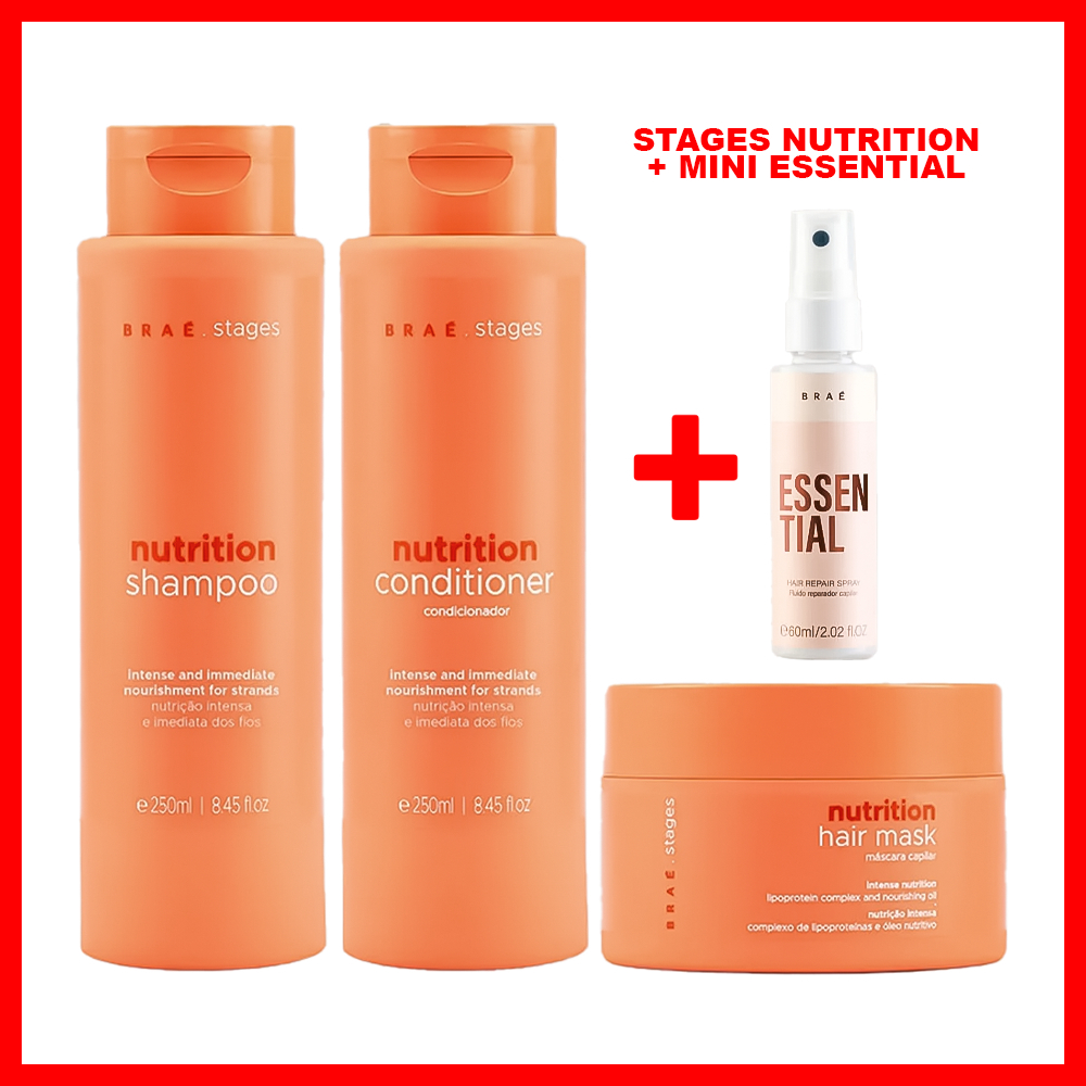 Braé Stages Nutrition Shampoo 250 ml + Condicionador 250 ml + Máscara 200 gr (Nutrição e Fortacelimento dos Fios)