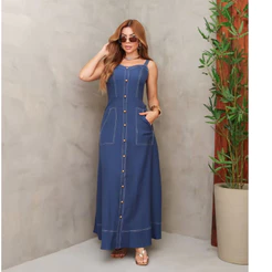 Vestido Longo Feminino Alça com Botões Frontais Bolsos Cintura Marcada Elegante 3RD SD1634