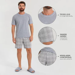 Pijama Adulto Masculino Manga Curta Mescla Xadrez