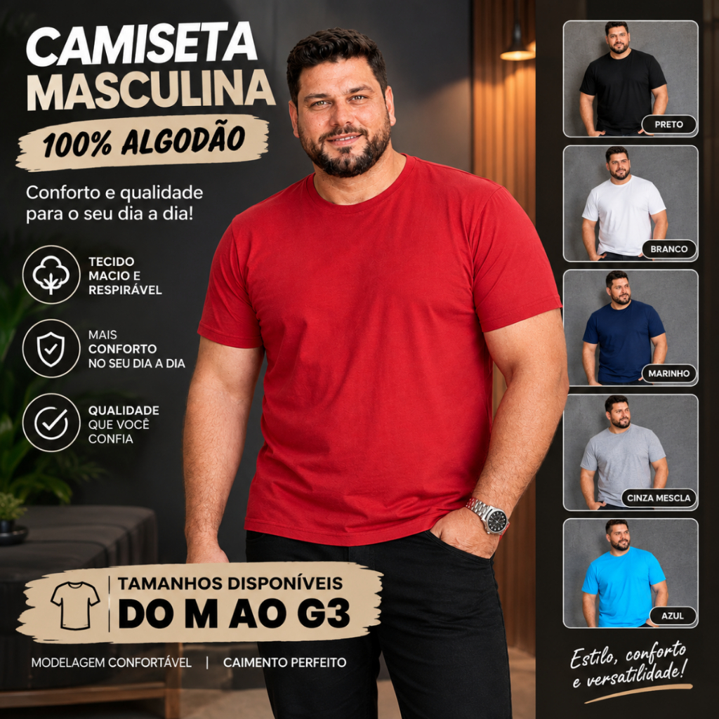 Camiseta básica do M ao G3 PLUS Size Masculina básica 100% Algodão lisa qualidade premium academia · foto 2