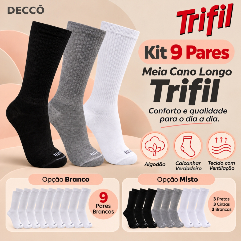 Kit com 9 Pares de Meias Modelo Cano Longo Trifil Sport Lisa Básica Calcanhar Verdadeiro Esportiva