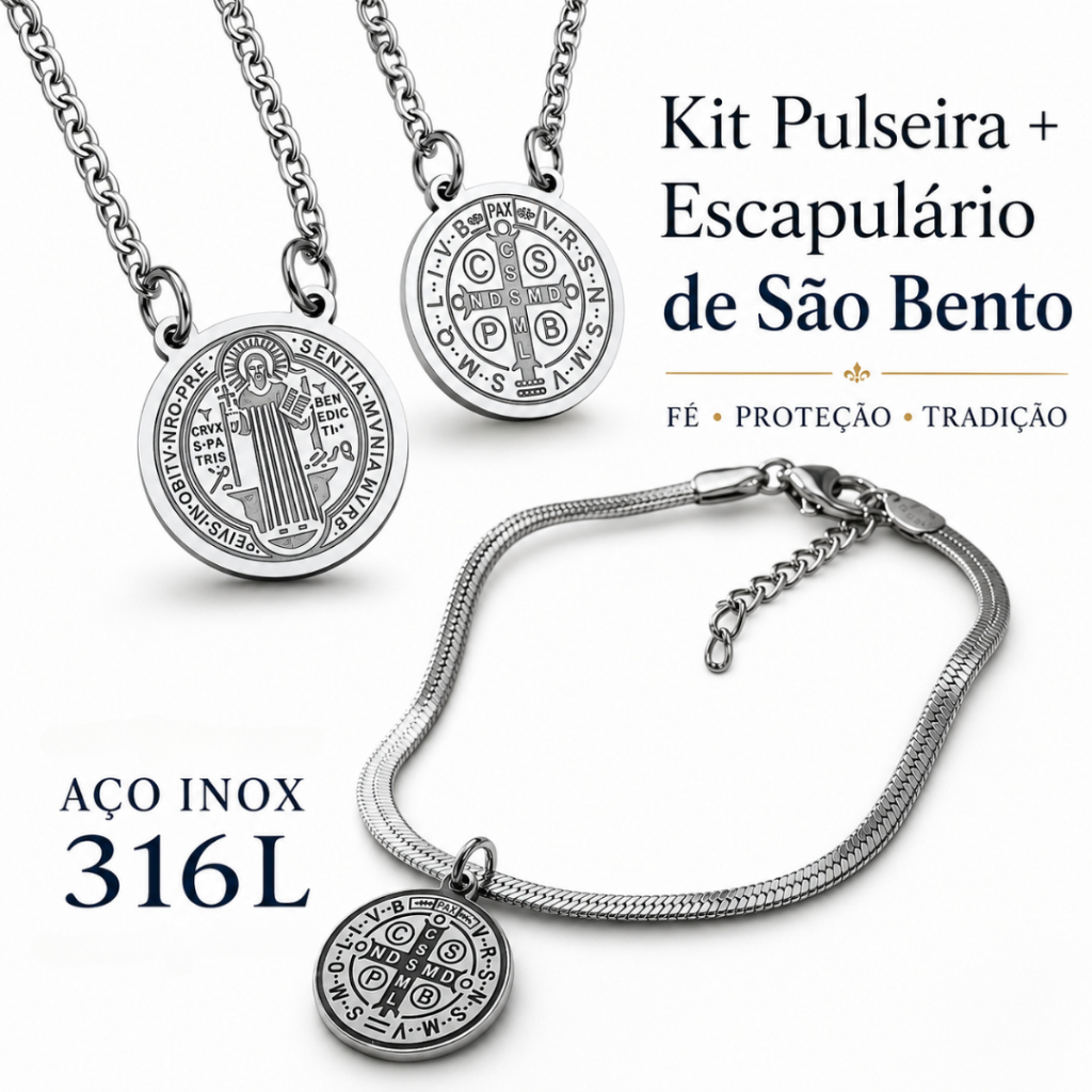 KITs, Pulseiras, Escapulários e Colar Pingente Cruz Medalha de Proteção de São Bento - Aço Inox/Cordão/Contas metálicas