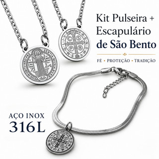 KITs, Pulseiras, Escapulários e Colar Pingente Cruz Medalha de Proteção de São Bento - Aço Inox/Cordão/Contas metálicas