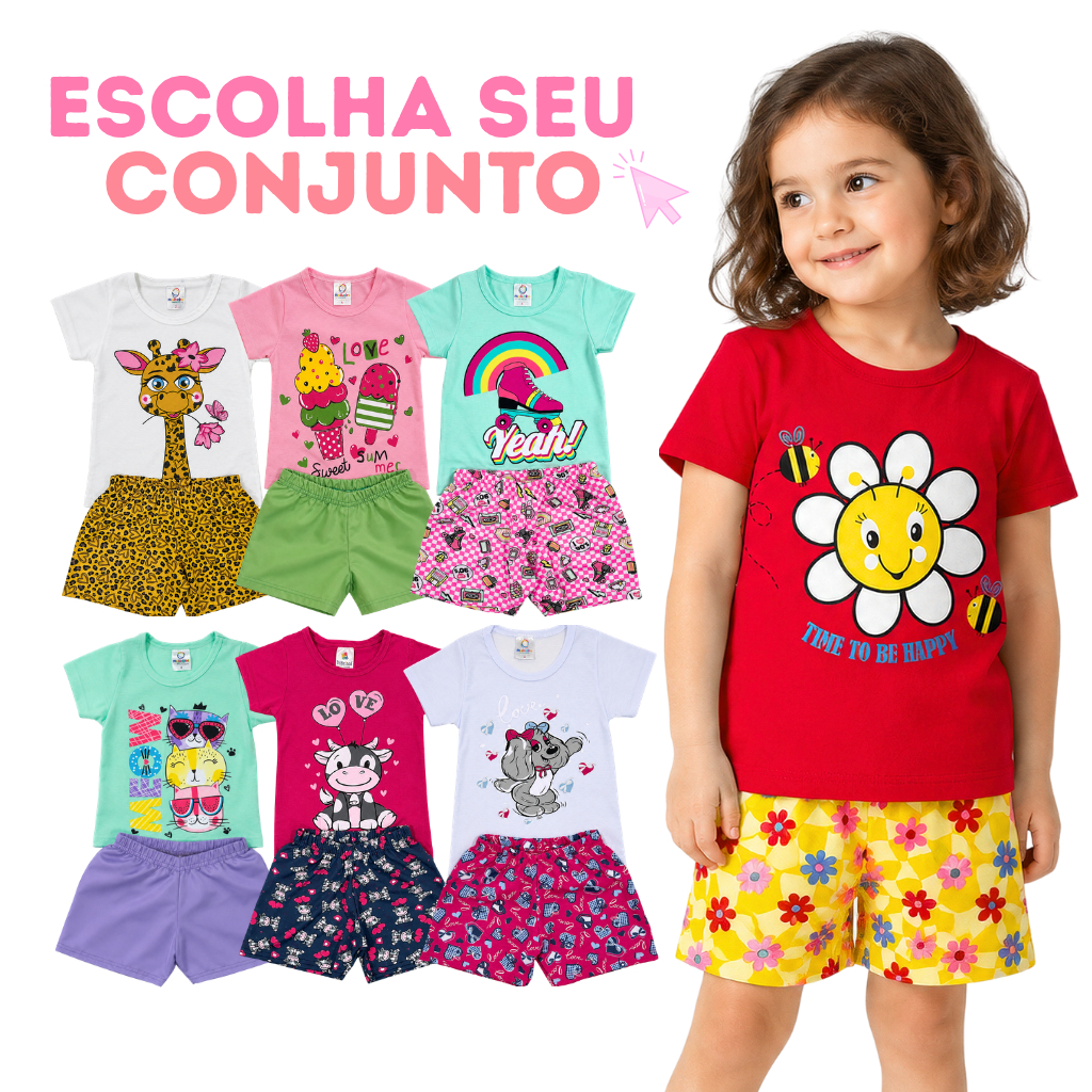 Conjunto Roupa Infantil Menina Verão Estampado Escolhido Avulso Camiseta + Shorts Leve e Confortável