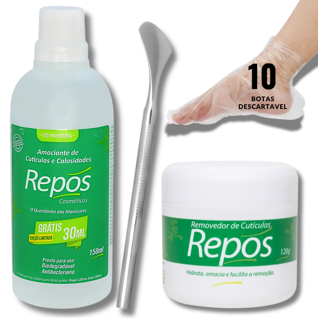 Amaciante de Cutículas Repos + Espátula 222 + 10 Botinhas Descartáveis + Algodão Bola Branco 20gr