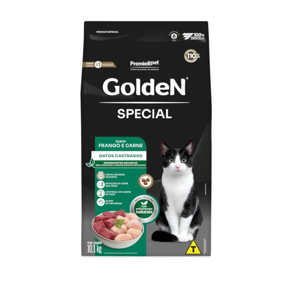 Ração Premier Golden para Gatos Adultos Castrados Frango e Carne 10,1kg