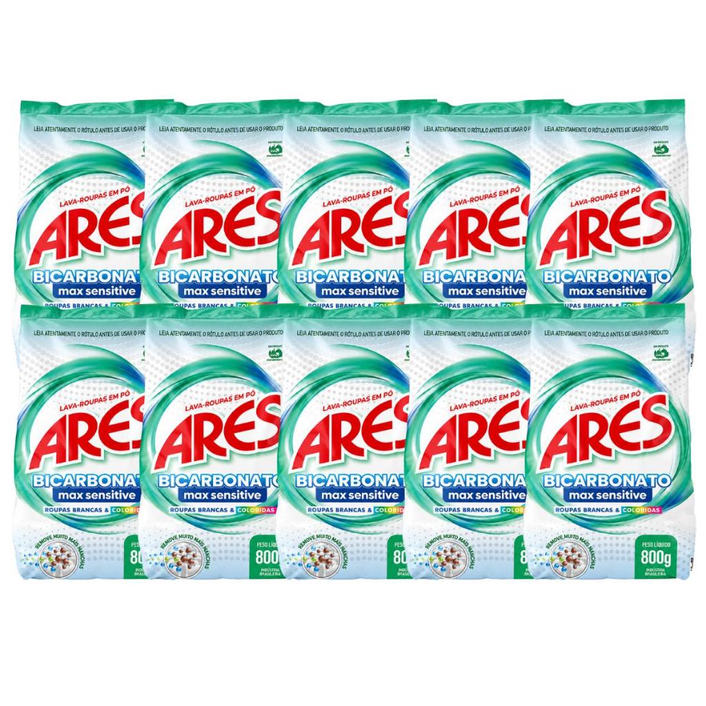 Kit 10 Unidades Lava Roupas Ares Em Pó Bicarbonato De Sódio Max Sensitive 800g Roupas Brancas e Coloridas