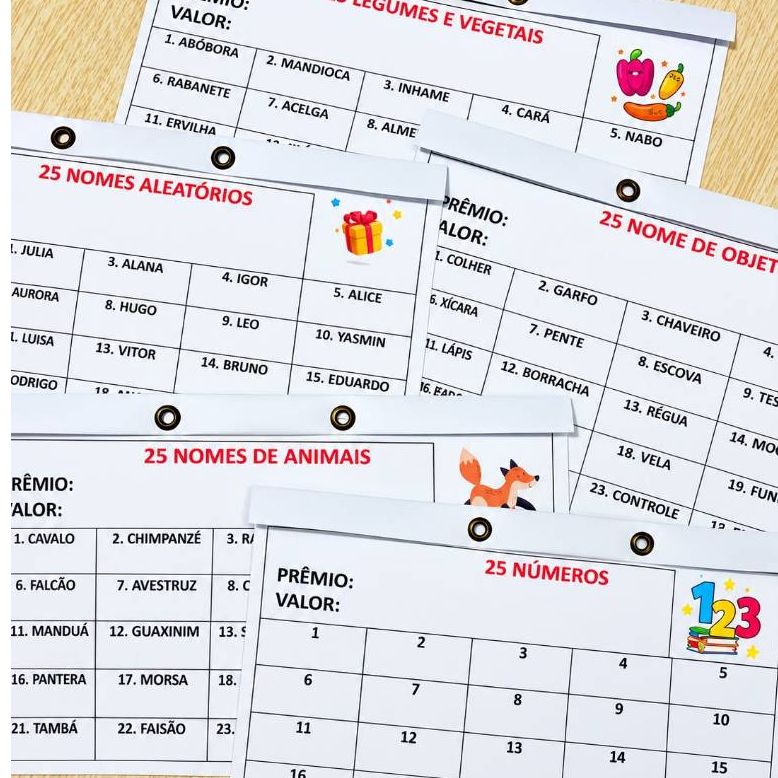 Cartela de rifas de 25 NOMES - Pacotes com 10, 25 e 50 Unidades