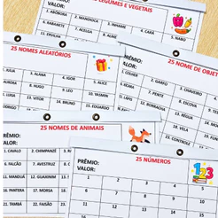 Cartela de rifas de 25 NOMES - Pacotes com 10, 25 e 50 Unidades