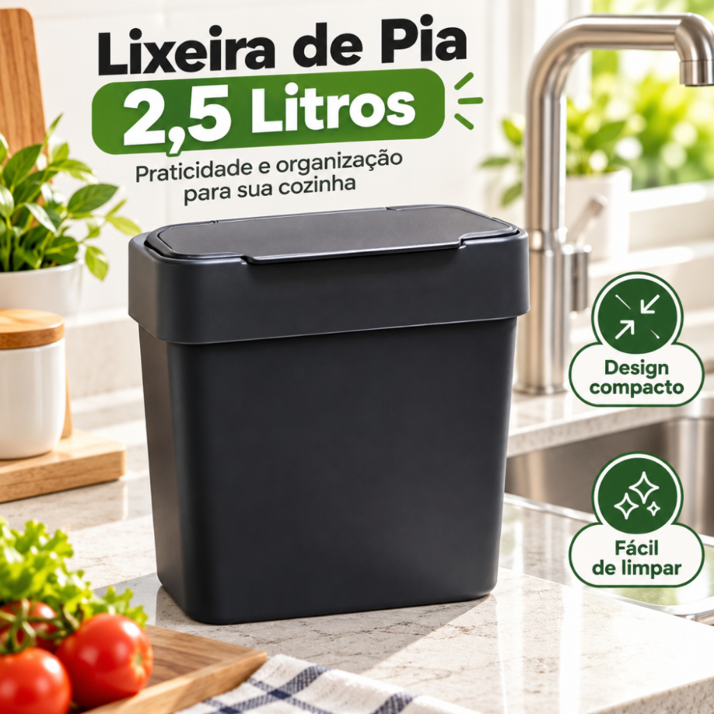 Lixeira para Pia 2,5L com Tampa de Abertura Rápida Organize sua Cozinha Facilita a Rotina