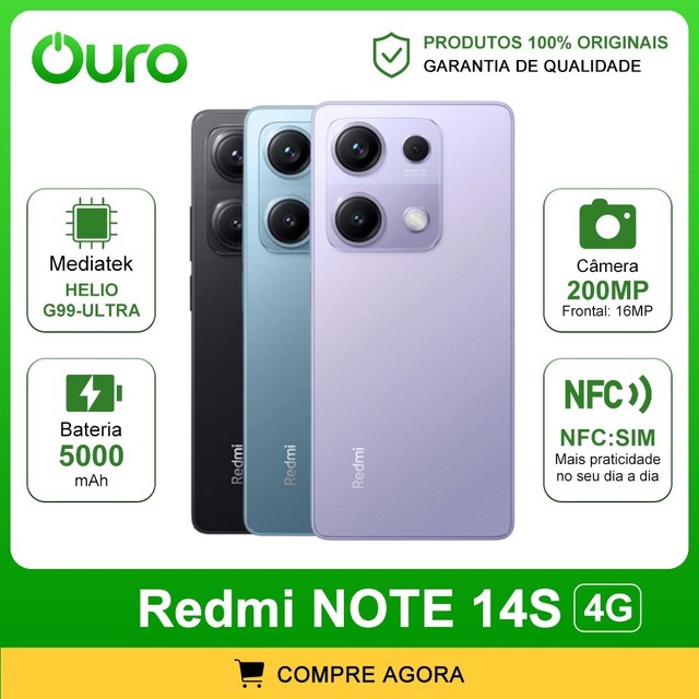 Xiaomi Redmi Note 14S 4G 256GB/8GB RAM, Câmera 200MP, Processador Mediatek Hélio G99-Ultra, Versão Global