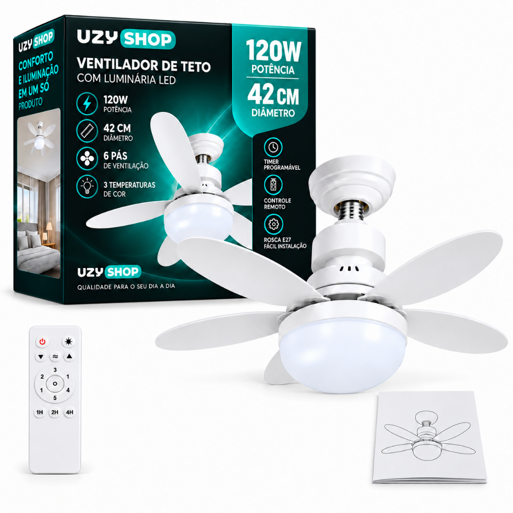 Ventilador de Teto com Luminária LED 120W Bivolt Controle Remoto 3 Cores 3 Velocidades Branco