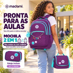 Kit Mochila Juvenil Madami com Rodinhas 32L Lancheira e Estojo Escolar
