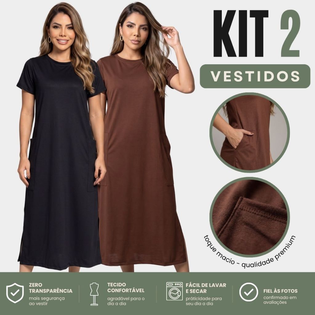 Kit 2 Vestido Midi Feminino Casual Soltinho com Bolso Manga Curta e Fenda Lateral Moda Evangélica