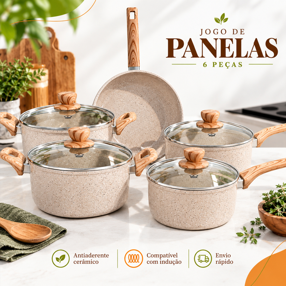Kit Panelas Cerâmica Antiaderente Indução 6 Peças Cor Bege Linha Pérola Jogo Cozinha Tampas de Vidro