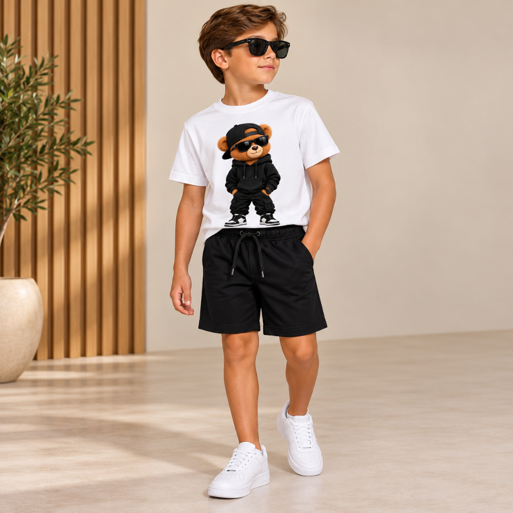 Conjunto Infantil Menino Camiseta Algodão Ursinho Fashion E Short Moletinho Mauricinho Garoto Estiloso Moda Juvenil