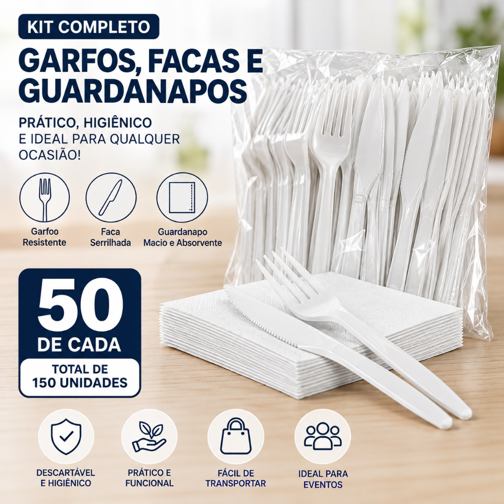 Kit 50 Talhares Descartaveis para churrasco Refeiçao Almoço Garfos facas e guardanapos Resistente