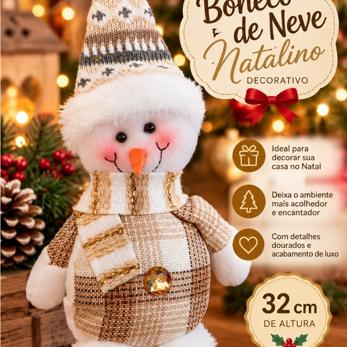 Boneco de Neve Natalino Decorativo Luxo Bege e Marrom com Dourado Enfeite de Natal