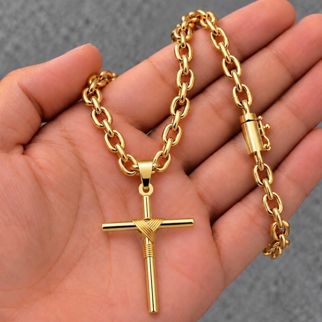 Corrente Cordão CADEADO 8MM MAIS PINGENTE CRUZ PALITO 100% em Moeda Antiga idêntico a ouro 18k — imagem 2 de 2