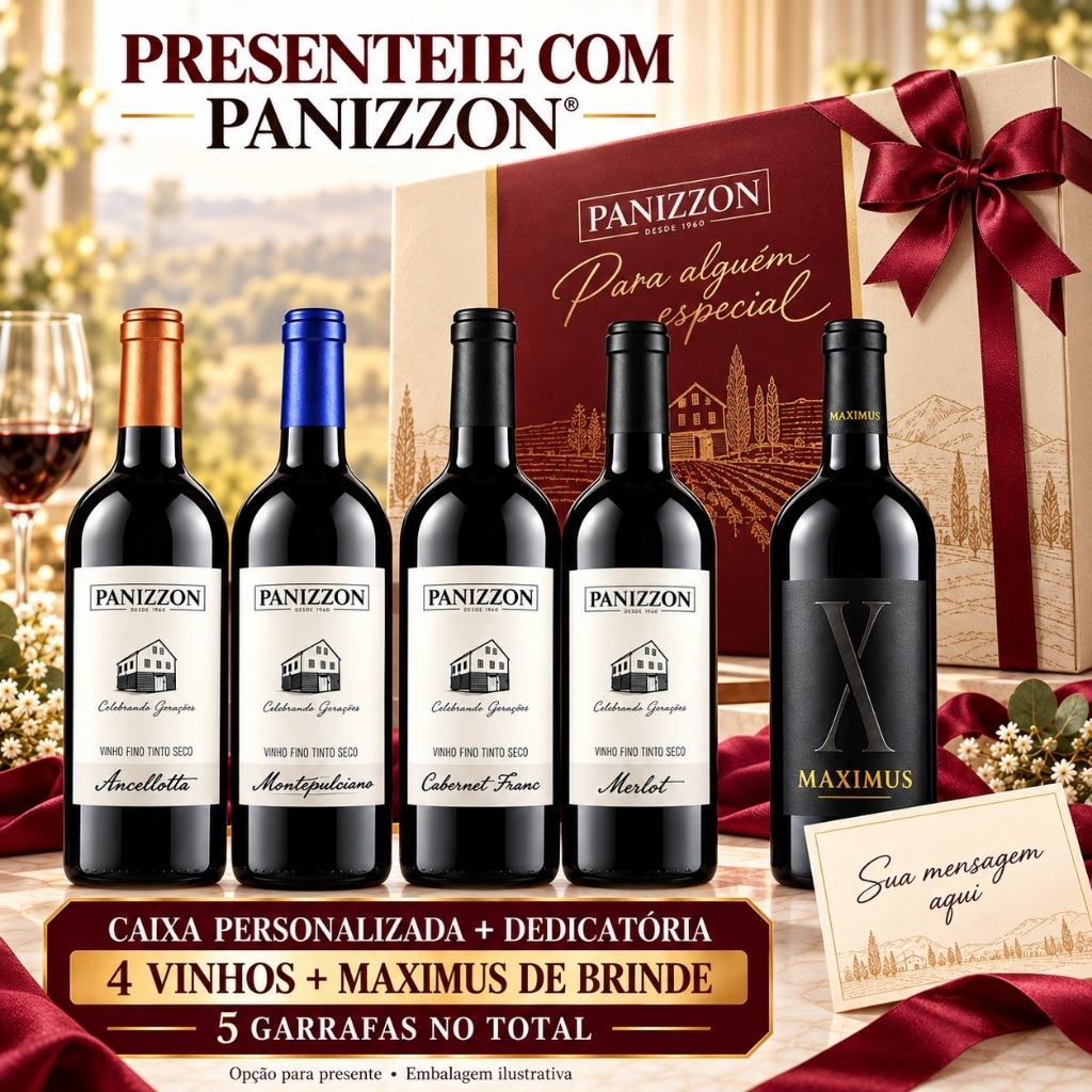 Kit Panizzon 4 Vinhos Finos Tintos Secos 750 ml + Maximus de Brinde 750 ml Presente — imagem 2 de 2