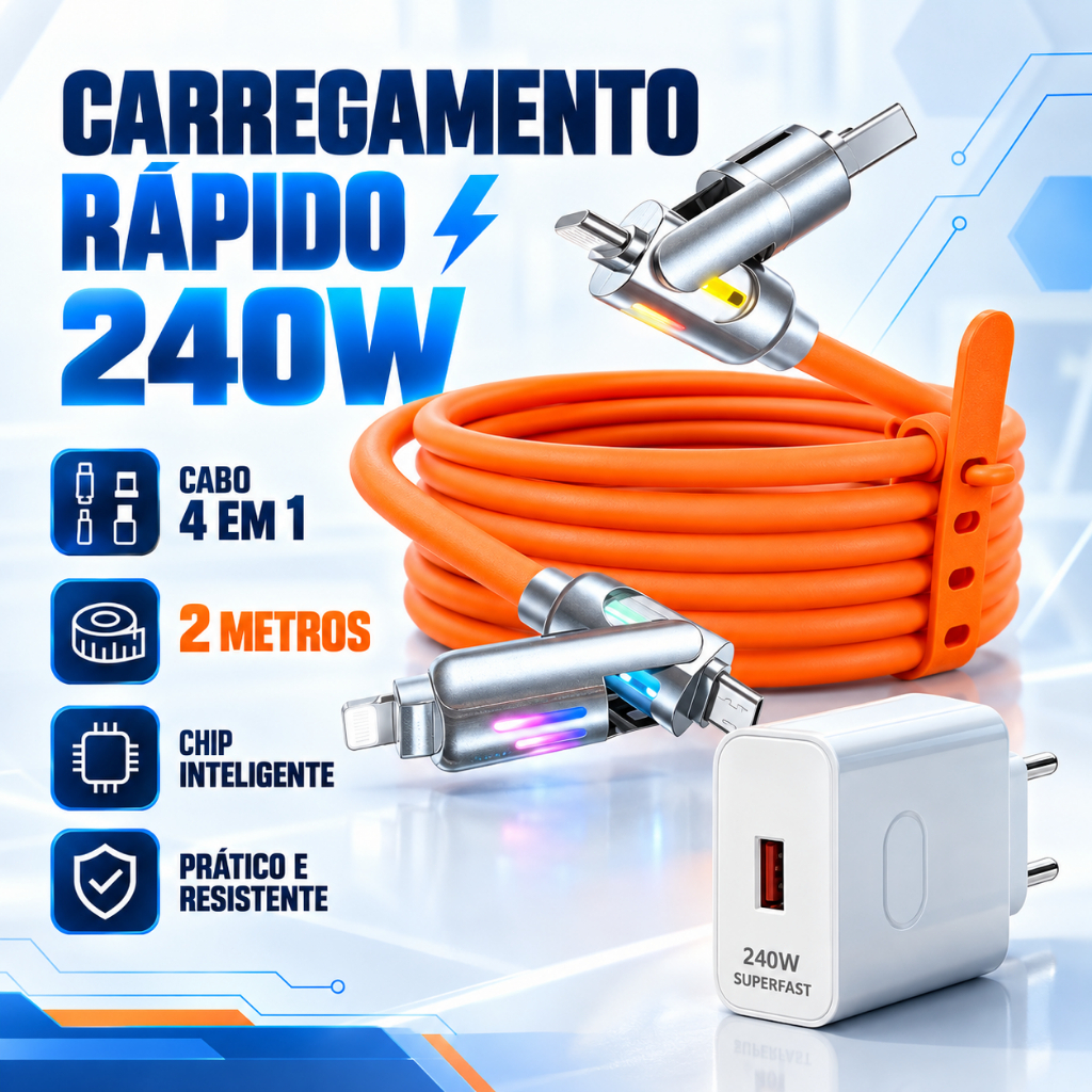 Carregador GaN 240W USB C USB A Cabo 4 em 1 Tipo C iP Carga Turbo Silicone LED 480Mbps 2M Compatível com Xiaomi