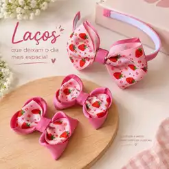 Kit de Laços Infantil com Tiara – Estampa Moranguinho
