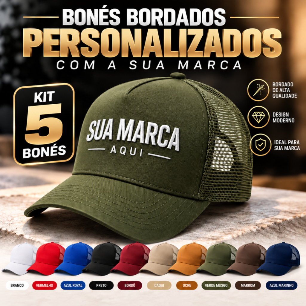 Kit 5 Bonés Personalizado Bordado Trucker Tela Aba Curva Feminino Masculino
