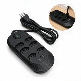 Extensão Elétrica com 6 Tomadas e 3 Portas USB Tipo A Cabo 2 Metros Botão Liga Desliga Protetor Sobretensão Bivolt