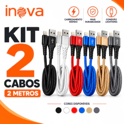 KIT COM 2 CABOS Lightning 2 Metros Carregamento Rápido Usb Compativel ios iPhone 7 Ao 14 Pro Max 3.4A INOVA