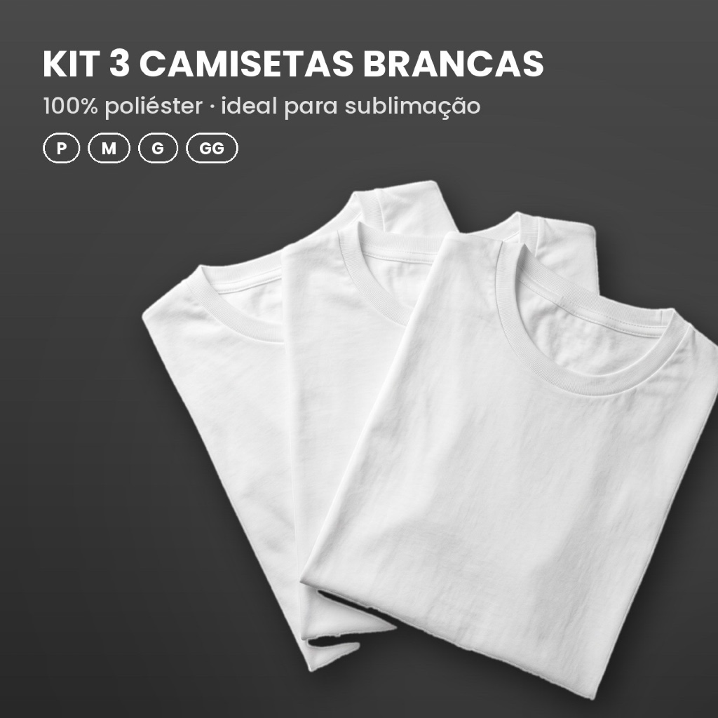 Kit 3 Camisetas Brancas Básicas Lisas 100% Poliester Masculina Unissex Gola Redonda Manga Curta Uniforme Sublimação Silk