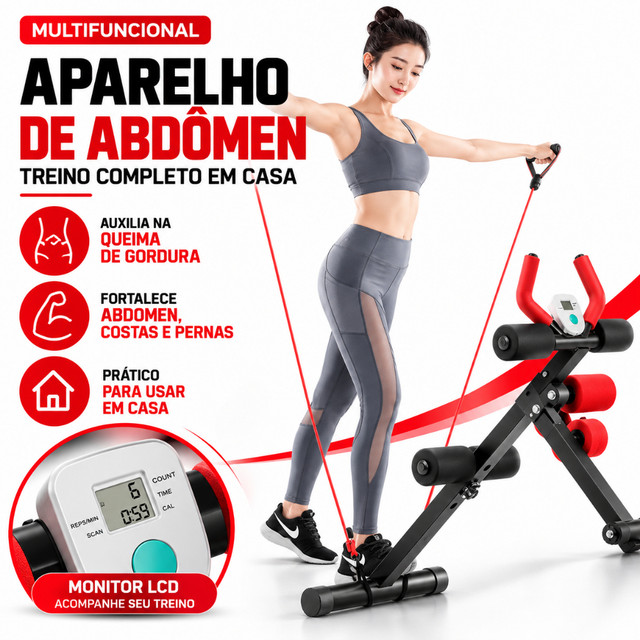 Equipamento Abdominal Multifuncional com Contador Digital Cordas Elásticas e Apoio para Pernas