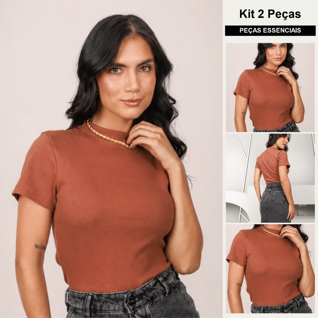 Kit 2 Blusas Femininas Cropped Caneladas Viscose com Elastano Manga Curta Gola Redonda Casual
