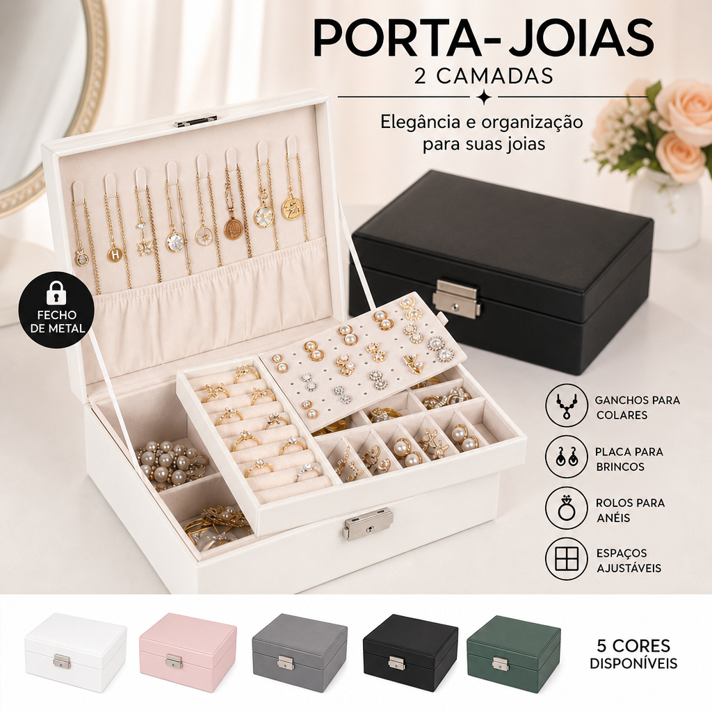 Caixa Organizadora de Jóias Feminina Couro Duas Camadas Portátil Anéis Colar Brincos Fecho Presente Viagem