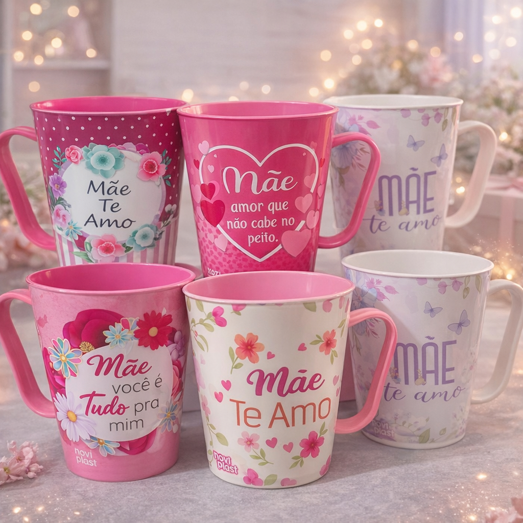 Kit Com 10 e 5 Canecas Decoradas Dias Da Mãe Presente Plástico Sortidas 430ml