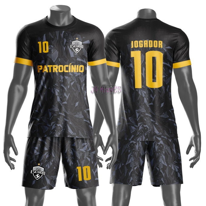 Uniforme jogador futebol amador esportivo camiseta e calção personalizavél nome número  escudo mod 4