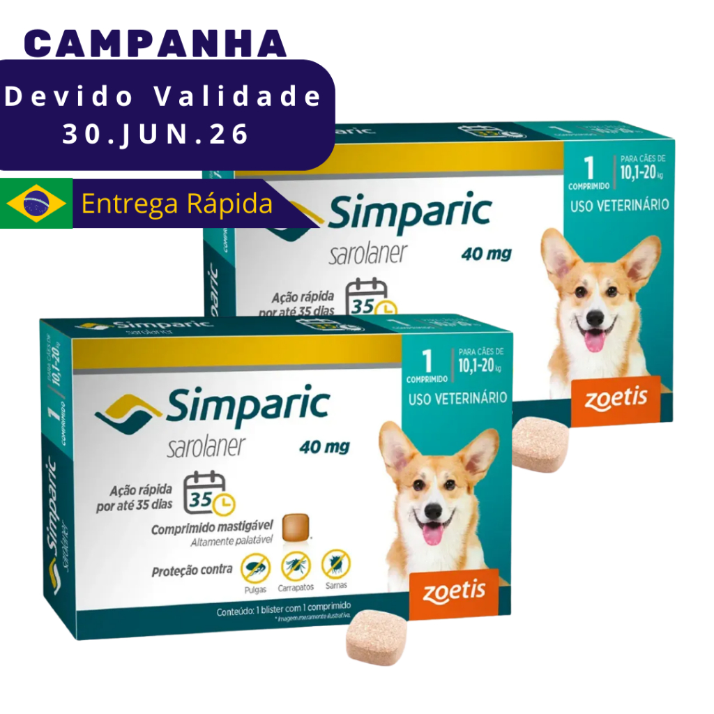 2 Caixas de Simparic de 10,1 a 20 Kg (40 mg) de 1 comprimido Antipulgas Carrapatos Sarnas VENC JUN26 em Oferta na Shopee