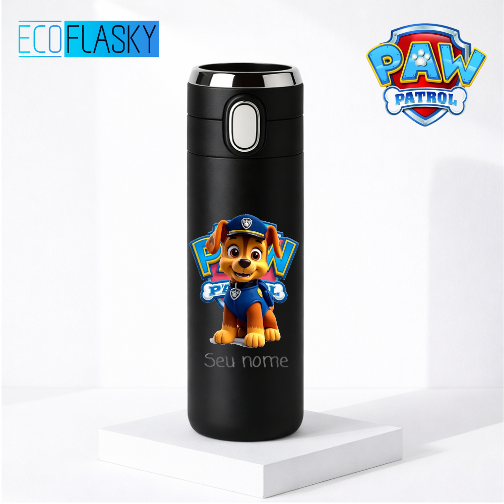 Garrafa Térmica Infantil Aço Inox Chase Patrulha Canina Estampada Termometro LED Digital Temperatura 420ml