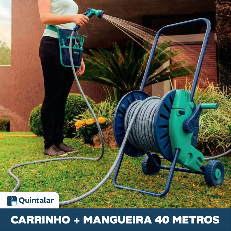 Kit Carrinho Enrolador de Mangueira 40m Completo Com Rodas
