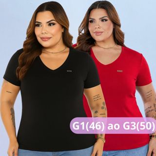 Kit 2 Blusa Feminina Plus Size G1 ao G3 Gola V Manga Curta Malha Viscolycra Moda Básica Confortável e Elegante Dia a Dia em Oferta na Shopee