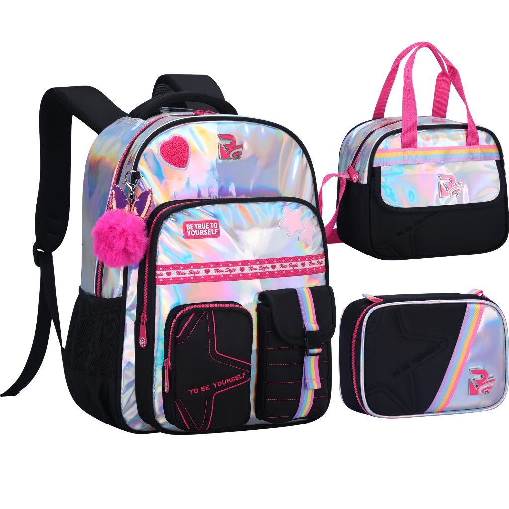 Kit Mochila Infantil Feminina Escolar Grande Holográfica 3 Peças com Lancheira Estojo e Pompom Estrela Impermeável