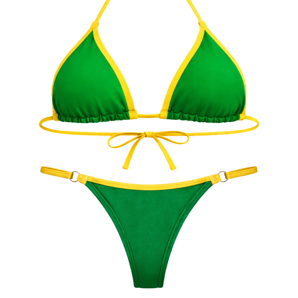 Biquini Brasil Fio Dental Fita Cortininha Regulável Bicolor Copa do Mundo Marquinha Bronze Praia