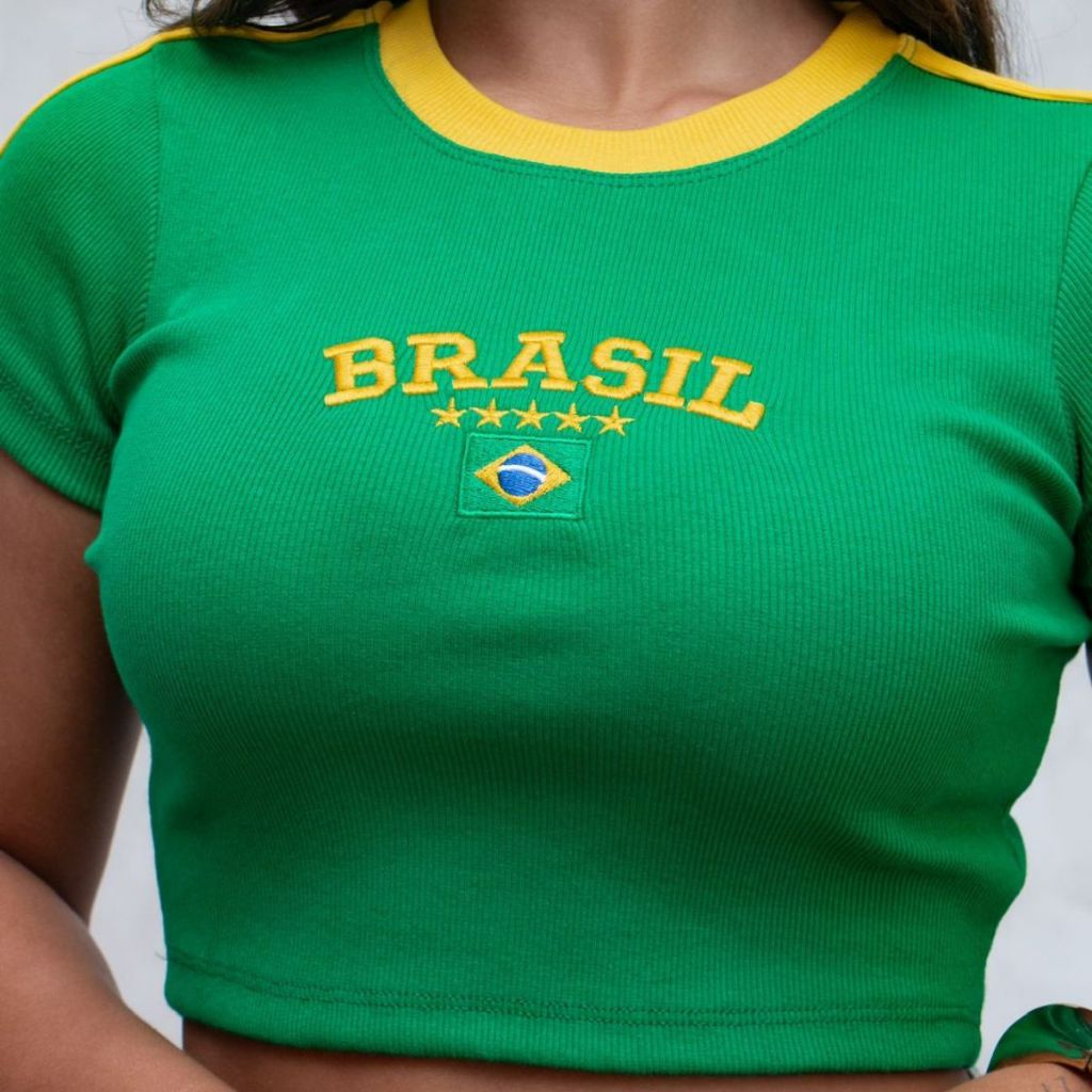 Cropped do Brasil Manga Ribana Canelada Sem Bojo Copa do Mundo Bordado Casual Confortável  2026